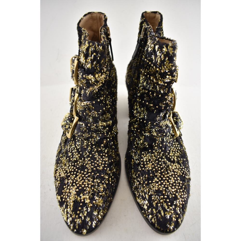 Chloe Suzanna Black Gold Velvet Coupe Studded Short Zipper Ankle Heel Bootie 37 - Picture 7 of 15